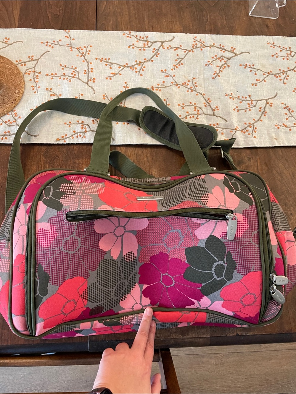 Floral Pink Travel Duffel with Olive Green Straps